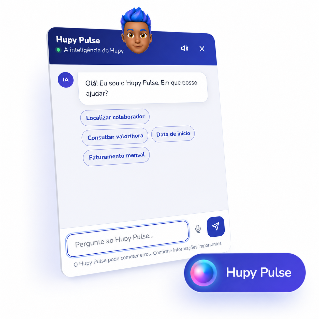 Composição do Hupy Pulse: avatar de cabelo azul sobre a janela de conversa e cápsula com o símbolo colorido da IA.